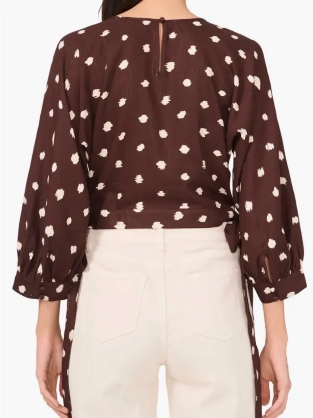 1.STATE Polka Dot Brown & White Side Ties Cropped Rayon Linen Top Size XS - Picture 10 of 12